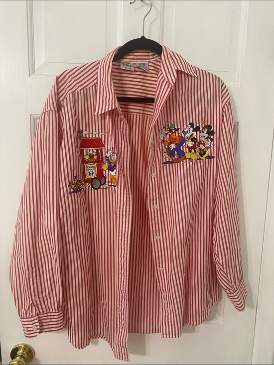 Disney Tops - Disney Red & White Striped Button-Down Shirt with Character Embroidery